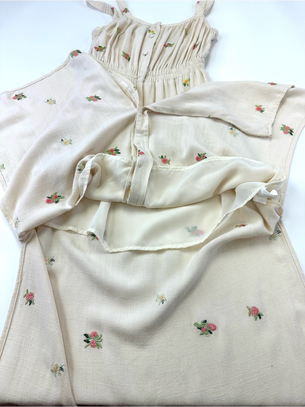 Cream Floral Midi Sundress Button Front Black Tape Dex Small Summer embroidered - Picture 7 of 10